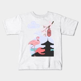 Japanese Rising Sun Cherry Blossoms Pagoda Kids T-Shirt